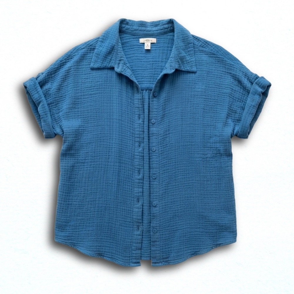 Caslon Women Blue Double Gauze Cotton Short Sleeve Button Up Shirt Large